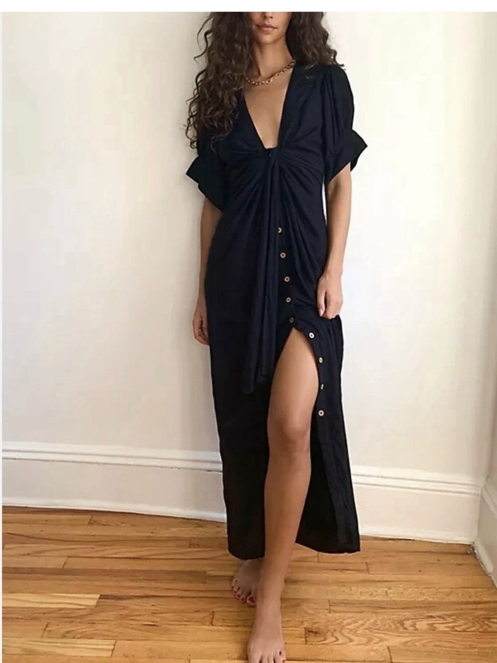 Free People Black Twist-Front Maxi Dress with Side Button Slit